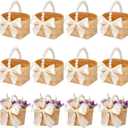 Geelin 12 Pcs Mini Flower Girl Basket Mini Woven Baskets with Pearl Handles Wood Chip Flower Fruit Picnic Holder with RibbonCh ip Bucket for Wedding Party Gifts Baby Shower Birthday Party Decoration (Beige)