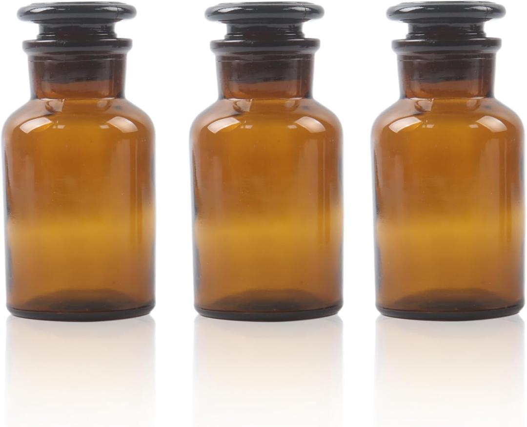 Klmnop 3 Pcs 125ml Lab Glass Reagent Bottle, Wide Mouth Amber Bottle with Ground Stopper for Labs,Universities and Home(Amber)