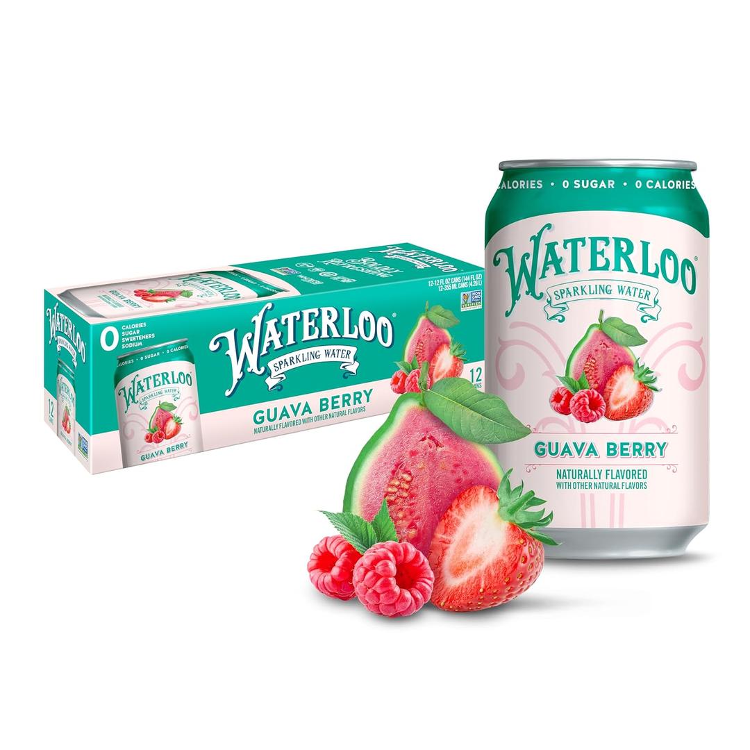 Waterloo Sparkling Water, Guava Berry Naturally Flavored, 12 Fl Oz Cans (Pack of 12) Zero Calories and Zero Sugar or Sweeteners (EXP 04/29/27)