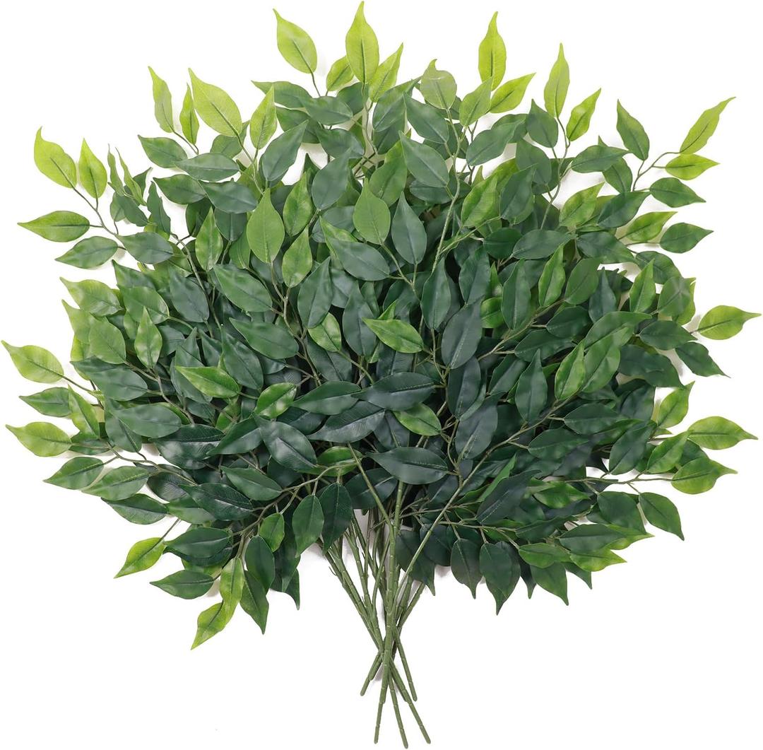 Mizii 12pcs Artificial Greenery Stems Silk Green Leaves Fake 23in Ficus Garland Spray Plants Faux Greenery Decoration for Centerpieces Wedding Arch Flower Bouquet Table Home Decor (12)