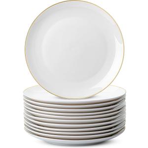 BTaT- White Porcelain Dinner Plates, Set of 12, 10.5" Gold Rimmed, Classic Style, Formal Dining