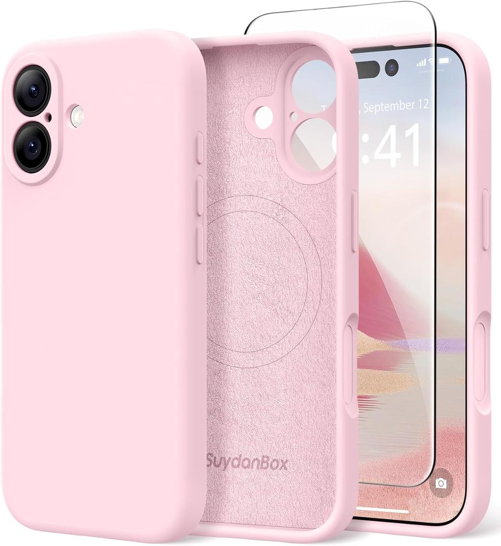 Magnetic for iPhone 17 Case, Compatible with MagSafe, [Full Camera Protection][Screen Protector] Silicone Shockproof Protective Phone Case for iPhone 17 6.3", Chalk Pink