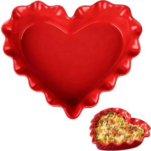 9in Valentine's Day Heart Shaped Deep Pie Dish 2.6in Ceramic Ruffle Heart Pie Pan Baking Dish for Valentine Wedding Anniversary Party Apple Quiche Pot Pies Tart for Microwave Oven(Red)