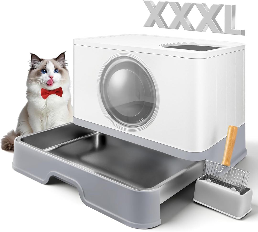 XXXL Stainless Steel Litter Box with Lid, Front Entry Top Exit, Extra Large Metal Cat Litter Box with Drawer, Maine Coon Cats, with Litter Scoop & Litter Mat, Anti-Odor, Anti-Leakage & Non-Stick (Grey)