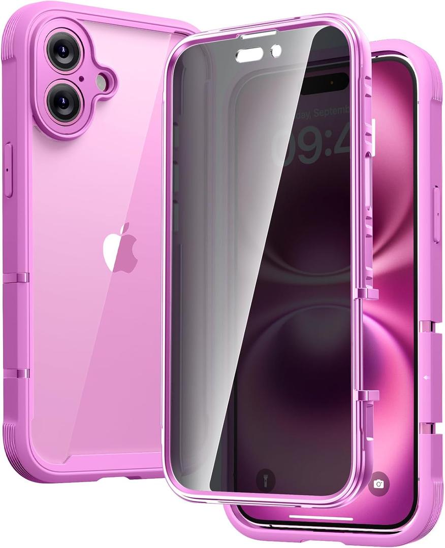 Diaclara Designed for iPhone 16 Case 6.1 Inch,Upgraded [Full Camera Protection] Full Body Rugged Clear Bumper Case with Built-in Privacy Screen Protector for iPhone 16,Pink