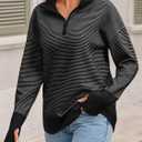 Saodimallsu Womens Quarter Zip Sweaters Striped Color Block Knit Sweatshirt Casual Trendy Pullover Tops with Thumb Hole Dark Grey (Gray)