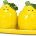 Abbott Collection Lemon Salt & Pepper Shaker Set on Tray - Ceramic, Yellow/Green (5.5 inches L)