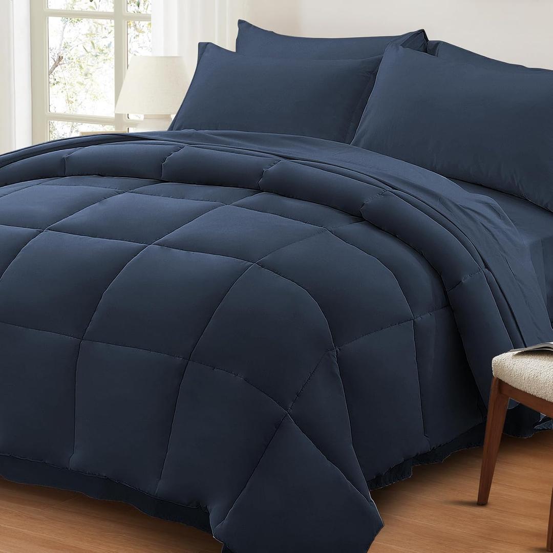 Anluoer Queen Size Bed in a Bag 7 Pieces, Navy Blue Bed Comforter Set with Sheets, All Season Bedding Sets with 1 Comforter, 2 Pillow Shams, 2 Pillowcases, 1 Flat Sheet, 1 Fitted Sheet