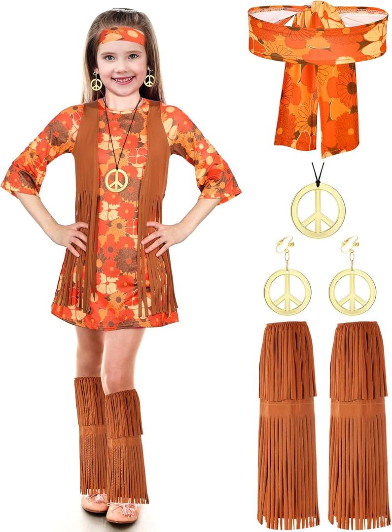 Haysandy Kids Hippie Costume Set 60s 70s Hippie Dress Peace Sign Party Accessories for Carnival Halloween Cosplay Party, (Large, Stylish Style)