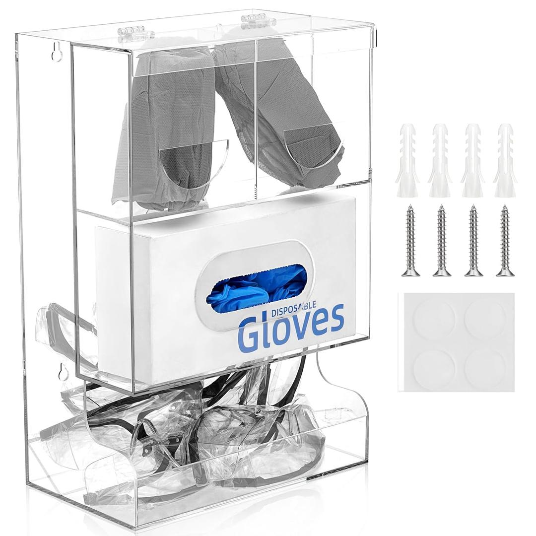 FOUR E'S SCIENTIFIC Acrylic Safety Glasses Dispenser, Wall Mount or Countertop Glove Box Organizer Storage Bin Holder Shoe Covers Tissue Box Shelf Multi-Function for Lab, Industrial, Factory, Office