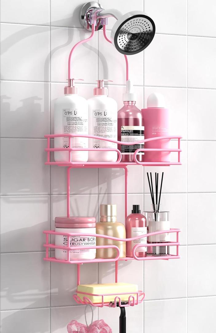 Pink 3-Tier Over Head Shower Caddy with Soap Holder & 6 Hooks - Hanging Shower Caddy for Bathroom Organizer (Style 1)
