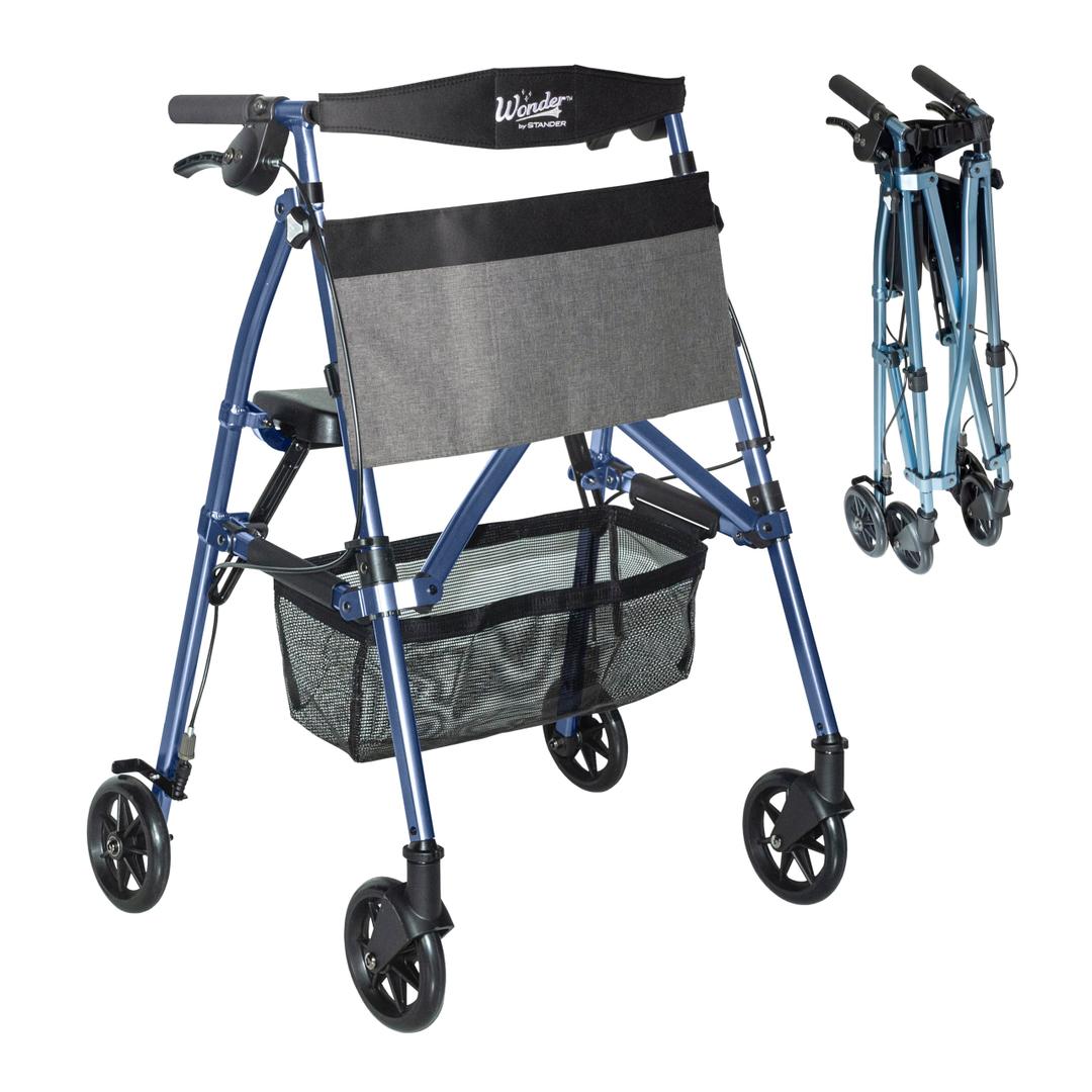 Stander Wonder Rollator Plus, Lightweight Folding Mobility Rolling-Walker, EZ Fold-N-Go-Rollator for Seniors and Adults, 6-inch Wheels, Locking Brakes and Padded Seat with Backrest, Cobalt Blue