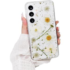 Compatible with Samsung Galaxy S25 5G Case,Cute Kawii Pressed Dried Real Flower Glitter Clear Design Shockproof Hard TPU Protective Cover for Samsung S25 6.2",White Flower