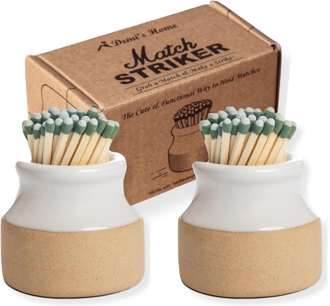 Demi's Home Match Striker - Set of 2 - White - (Matches Not Included) - Ceramic Match Holder with Striker