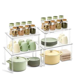 Clear Kitchen Cabinet Organizer, Set of 4 Stackable Spice Rack, Acrylic Shelves for Pantry Organizers and Storage, Tiered Spice Organization for Cabinet, Shelf Organizer for Desk Countertop