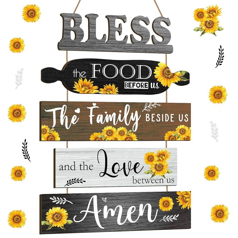Wesiti 5 Pieces Kitchen Wall Decor Bless the Food Before Us Sign Farmhouse Rustic Dining Room Wall Art Wooden Hanging Signs for Kitchen Decor Hanging Plaque for Home(Sunflower)