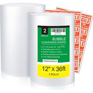 Wanguagua 2 Pack 12 Inch x 72 ft Total Bubble Packing Wrap for Moving Boxes Shipping Cushioning Supplies Perforated Every 12