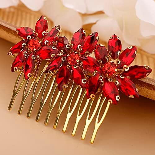 BERYUAN Crystal Flower Hair Comb for Women Girls Prom Crystals Hair Comb Wedding Headpiece for Bride Bridemaid Flower Girls RED