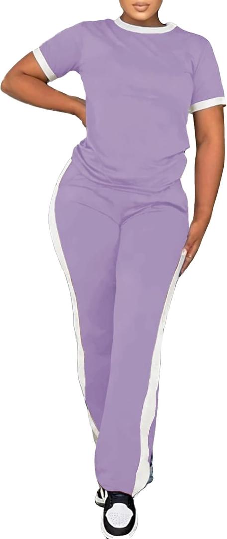 PINSV Women's 2 Piece Outfits Short Sleeve Tops Sweatpants Colorblock Bodycon Lounge Sets Tracksuit (XL)