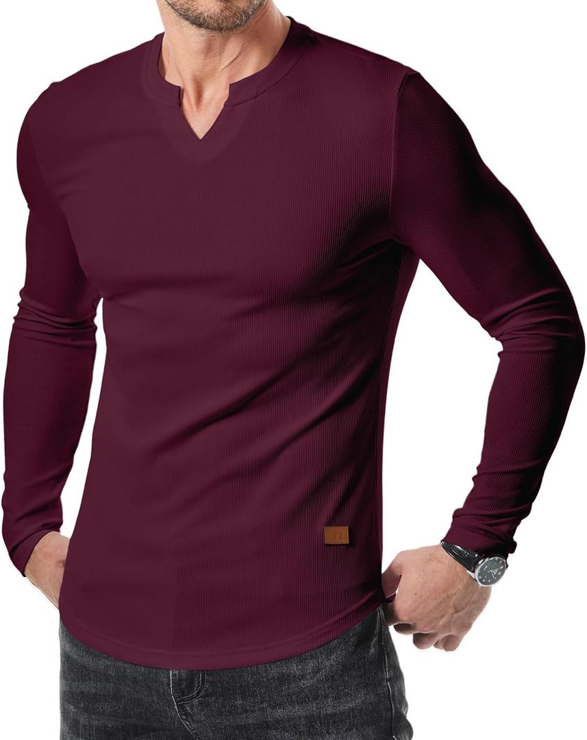 JMIERR Mens Long Sleeve Muscle T Shirts Casual V-Neck Longline Ribbed Tee Shirts (Medium, Burgundy)