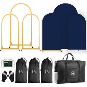 Arch Backdrop Stand Set with Cover,(7.2ft,6ft x 2) Arched Frame Stand & Spandex Wedding Arch Cover & Storage Bag (Navy Blue, 7.2Ft+6Ft+6Ft)