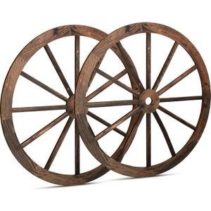 2 Pcs Wagon Wheel Decor Wooden Western Cowboy Party Decorations Vintage Rustic Wagon Wheel Wood Cartwheel Decor for Bar Garage Indoor Outdoor (Brown,18 Inch)