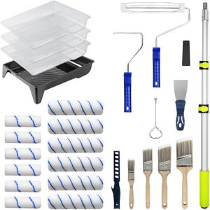 27 PCS Paint Roller Kit with Extension Pole, 4" & 9" Paint Rollers, Professional Paint Brushes for Walls Set, House Painting Supplies, Non-Slip Tray for All Latex and Oil Paints & Stains