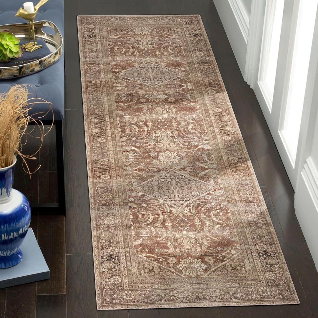vivorug Machine Washable Runner Rug, 2' x 7', Entryway Rug Hallway Runner Rug, Vintage Inspired Rug, Rust/Antique