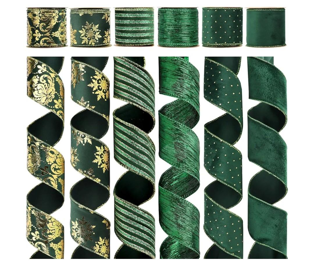 HUIHUANG Christmas Ribbon Wired Green Velvet Christmas Tree Ribbon Green and Gold Wired Ribbons for X-mas Tree, Wreath, Garland, Bows, Home Decor (2-1/2" X 6 Rolls, 36 Yds Total)