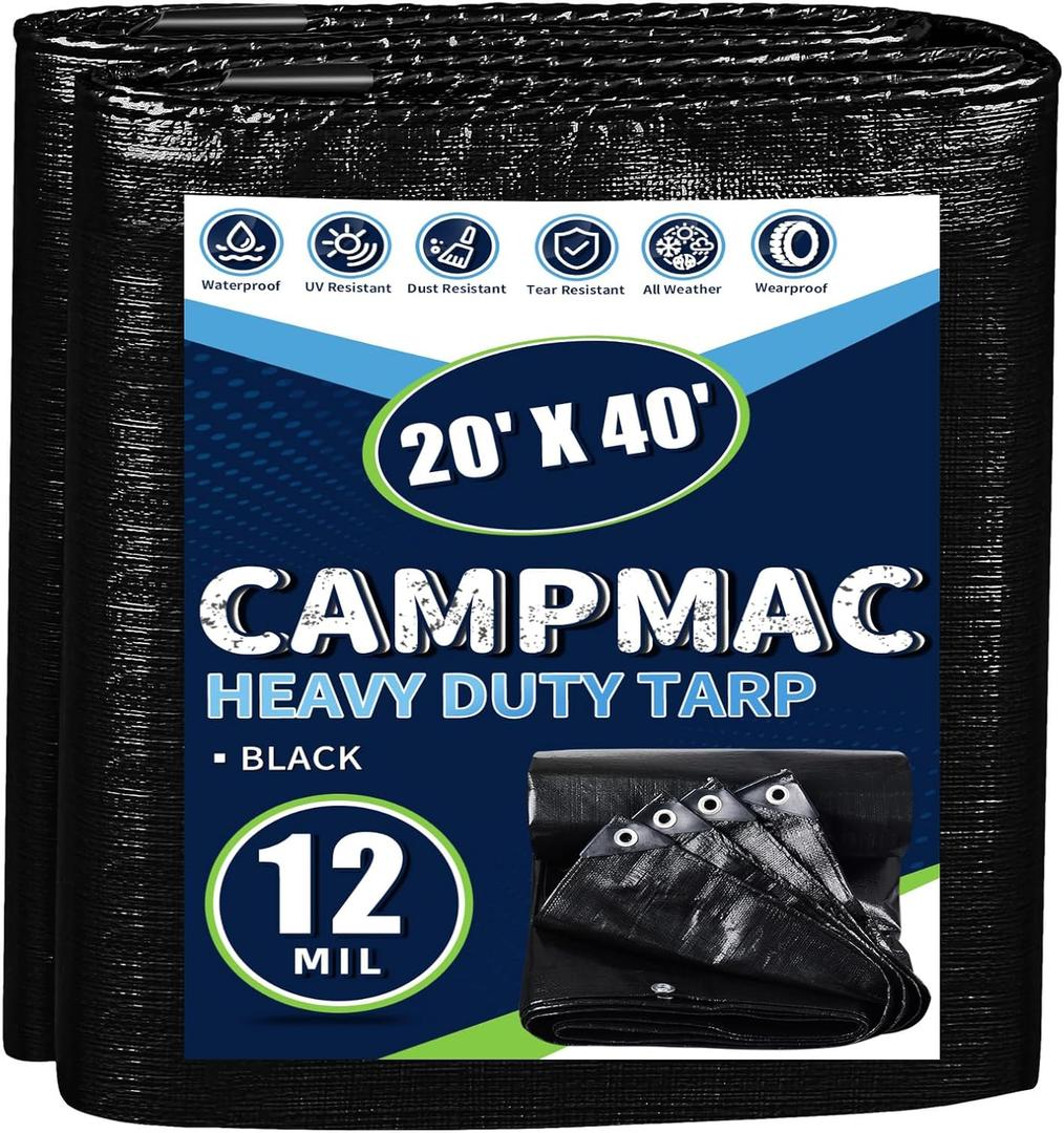 Black Tarps Heavy Duty Waterproof 20x40, 12 Mil Thick, High Durability, Rip and Tear Resistant with Metal Grommets Every 20 Inches