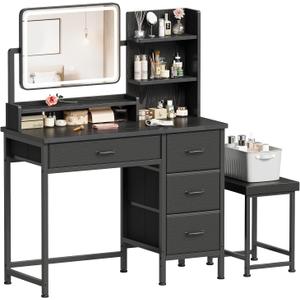 YeTom Vanity Desk with Mirror, 4 Fabric Drawers, LED Lights, Bedroom, Black, 34.3in