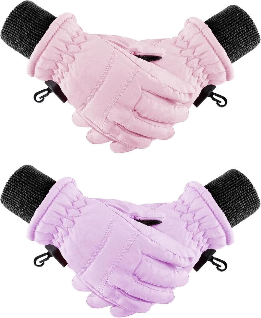 Boao 2 Pairs Kids Winter Ski Gloves Waterproof Warm Snow Mittens Full Finger Gloves for Toddlers Infants (5 - 10 Years, Pink, Light Purple)