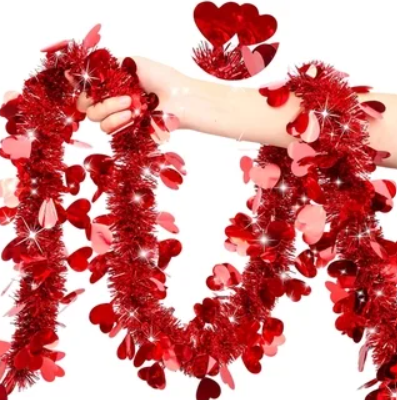 Valentine's Day Heart Tinsel Garland - Red, Pink, and White Metallic Hanging Decorations for Home, Indoor, Outdoor, Wedding, Red
