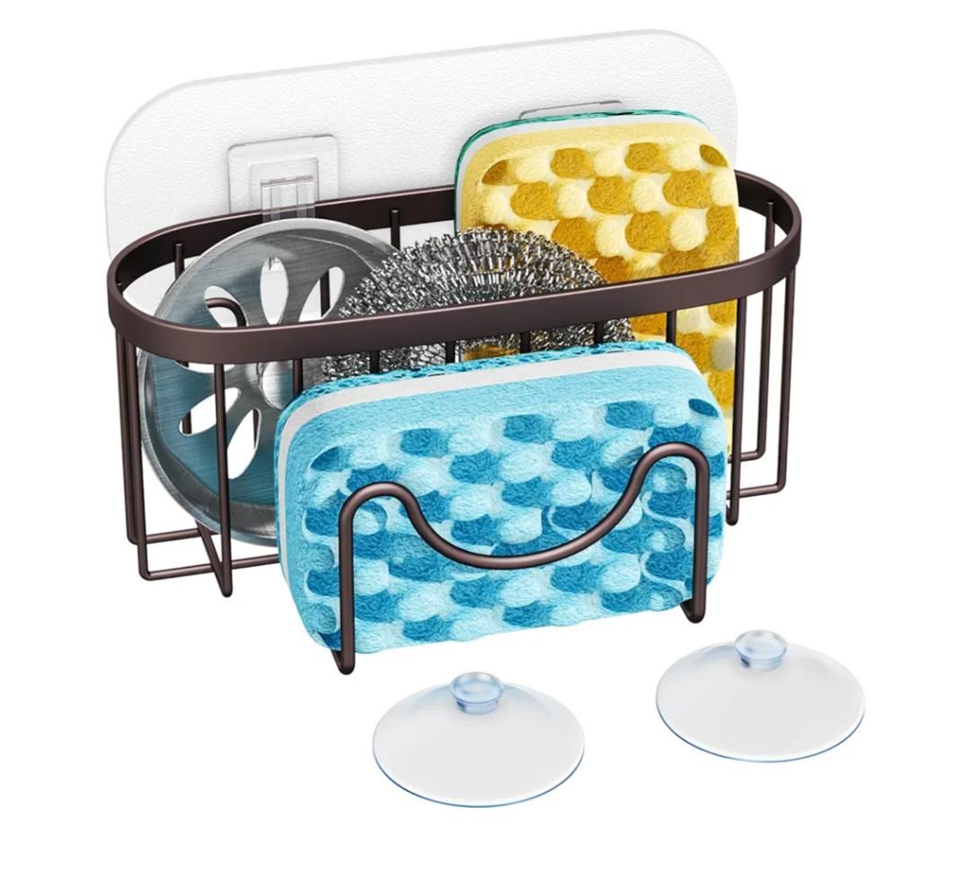 HapiRm Multifunctional Sponge Holder for Kitchen Sink with Unique M-Shaped, 2 Installation Methods Sink Caddy, Stainless Steel Kitchen Organizer for Sponge, Brush, Sink Stopper and Scraper -Bronze