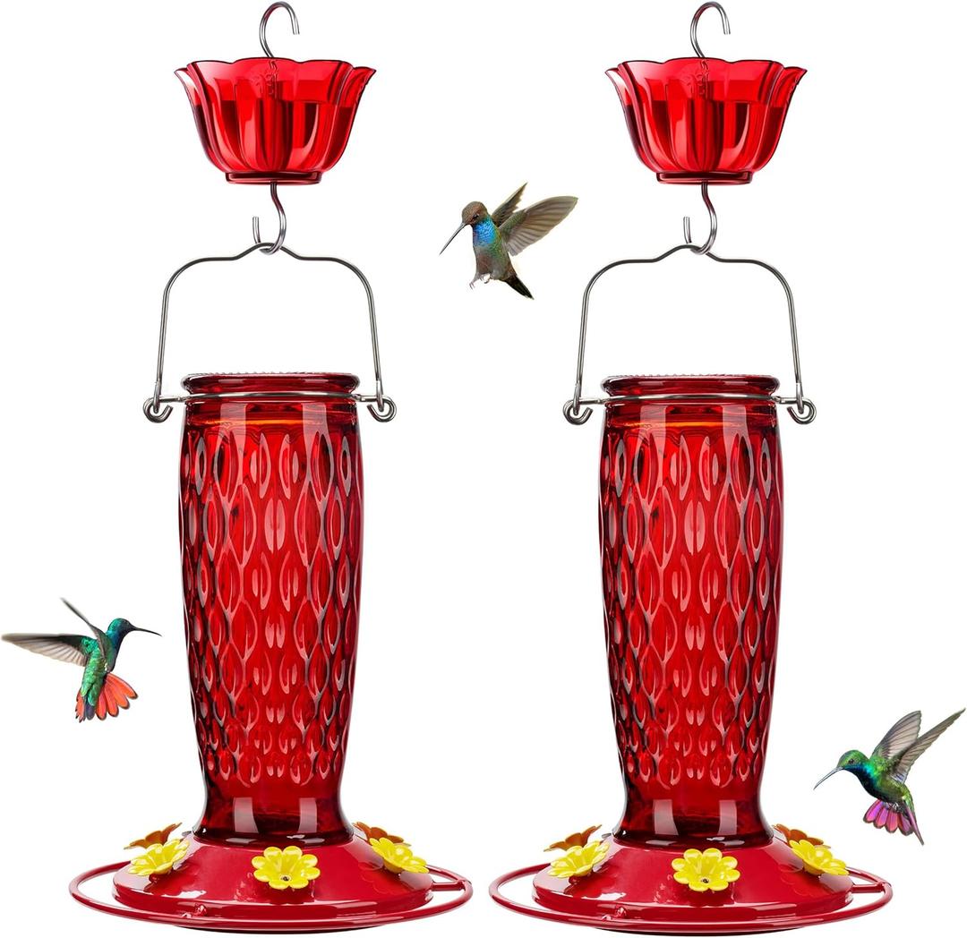 Kingsyard 2 Pack Glass Hummingbird Feeders for Outdoors Hanging, Wild Bird Nectar Feeder with 6 Feeding Ports, 24 oz Leak-Proof, Red (Ant Moat Included)