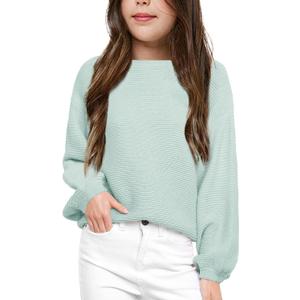 Girls Pullover Sweaters Kids Long Sleeve Drop Shoulder Sweaters Casual Boat Neck Knit Jumper Tops (7-8 Years, Mint Green)