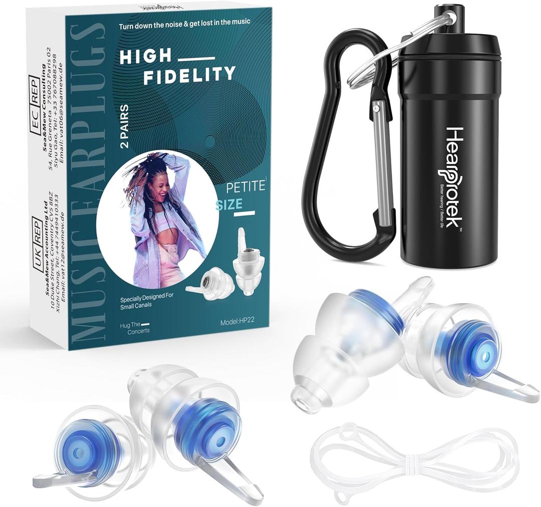 2 Pairs Concert Ear Plugs, Hearprotek Reusable High Fidelity Noise Reduction Music Ear Plugs for Ear Protection-Soft Hearing Protection Earplugs for Concerts, Musicians, Events (Petite Size) (Blue)