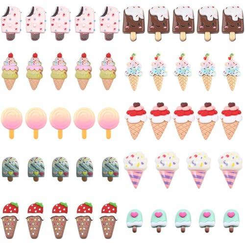 SUNNYCLUE 50Pcs 10 Styles Ice Cream Resin Cabochon Large Flat Back Lollipop Cabochons Flatback Resin Dome Buttons Imitation Miniature Sweets Accessories Ornaments for Summer Scrapbooking Craft Decor