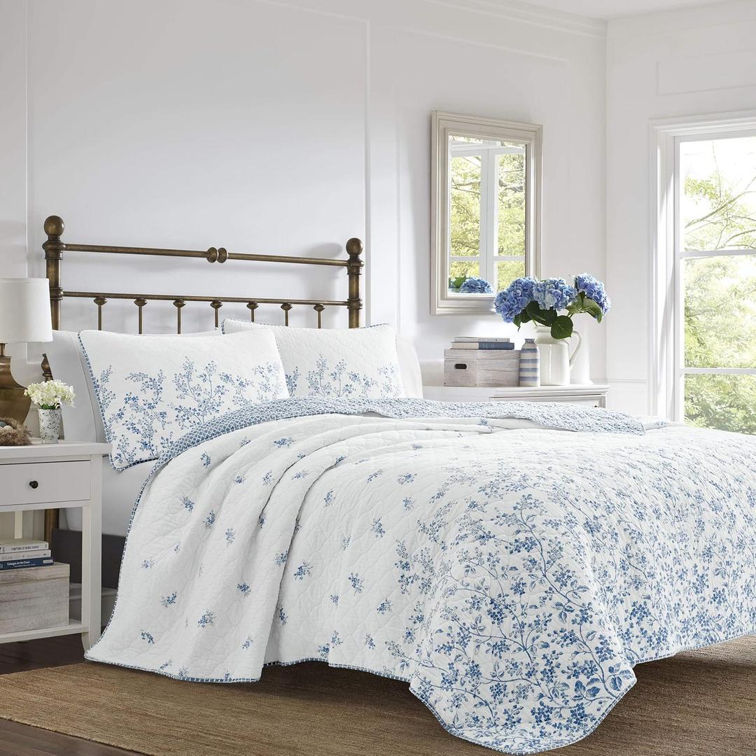 Laura Ashley Home - King Quilt Set, Reversible Cotton Bedding with Matching Shams, Pre-Washed Home Decor for Added Softness (Flora Blue, King)