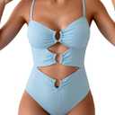 Eomenie One Piece Swimsuit for Women Ring Linked Monokini Sexy Bathing Suit Cutout Swim Suit (Large, Light Blue Ribbed)