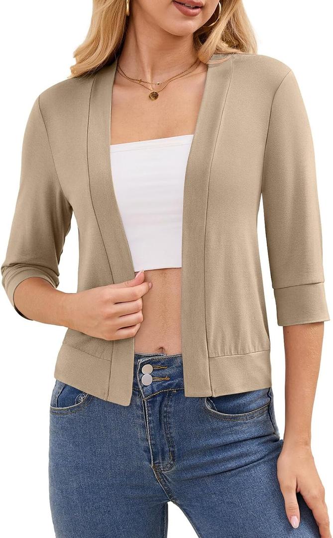 DouBCQ Shrugs for Women 3/4 Sleeve Cropped Cardigan Open Front Lightweight Bolero (Beige, XXL)
