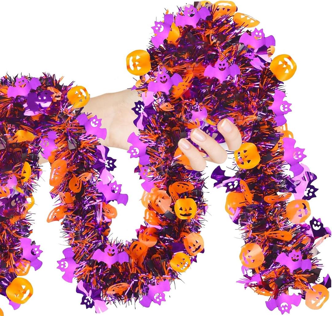Halloween Tinsel Garland - Sparkling Metallic Pumpkin, Bat & Spider Decor, Twist Streamers for Indoor/Outdoor Halloween Party, Home, Tree, Fireplace, Classroom Decorations Orange, Black, Purple