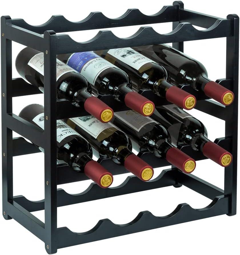 Bamboo Wine Rack, Sturdy and Durable Wine Storage Cabinet Shelf, Wine Racks Countertop for Pantry - 4 Tiers 16 Bottle Wine Rack Black