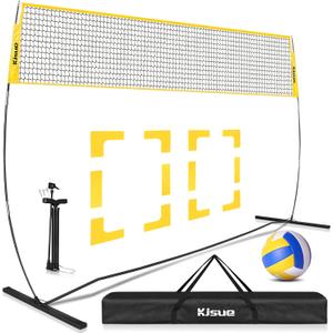 Freestanding Volleyball Net Set for Backyard - 12FT Portable Outdoor Volleyball Net Training Equipment with Soft Volleyball, Pump, Boundary Mark and Carry Bag for Park, Beach Games, Volleyball Sports (Yellow)