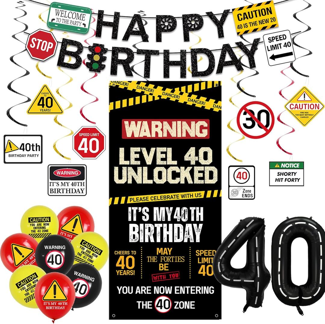 Roetyce 40th Birthday Decorations Men Women, Caution Logo Level 40 Unlocked Banner Backdrop Balloons Hanging Swirls Kit, Funny 40 Years Old Yard Wall Sign Door Cover, Black 40 Zone Party Supplies