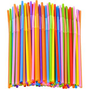SONGNASS 100PCS Flexible Plastic Straws, Colorful Disposable Bendy Party Fancy Straws12.8inch Extra Long Straws Party Decorations