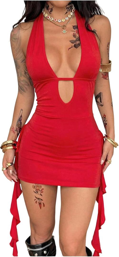 SOLY HUX Women's Sexy Halter Mini Dress Open Back Y2k Deep V Neck Backless Ruffle Fringe Bodycon Club Dresses, XS, Red