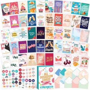 Decorably 50 Pack Gold Foiled & Glittery 5x7in All Occasion Cards Assortment Box with Envelopes & Stickers, 50 Unique Designs for Friends, Family and Loved Ones with Printed Message - Gifting, Mailing