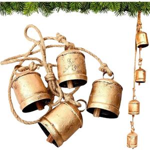 Rustic Decorative Cow Bells 7-Bell Cluster Christmas Bell Shabby Chic Vintage Harmony Cowbell Brass Coated Country Jute Rope Hanging Gold Bells
