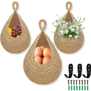 Hanging Fruit Basket for Kitchen, 3 Pack Wall Hanging Fruit Baskets with 3 Hooks, Boho Hanging Wall Basket, Hanging Kitchen Baskets for Fruits, Vegetables and Onion Storage, Linen